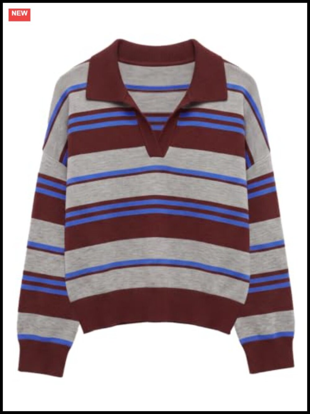 Striped Rugby Polo Sweater Women Oversized V-Neck Long Sleeve Knit Pullover